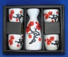 Ceramic White Japanese Saki Set with Red Plum Pictures